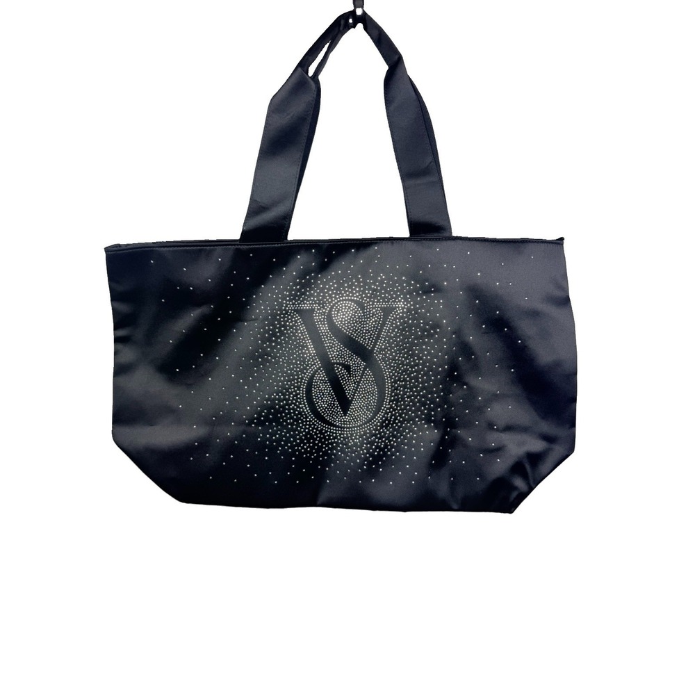 Victoria's Secret Shine Zipper Tote Bag Rhinestone Bling Logo Black Weekender